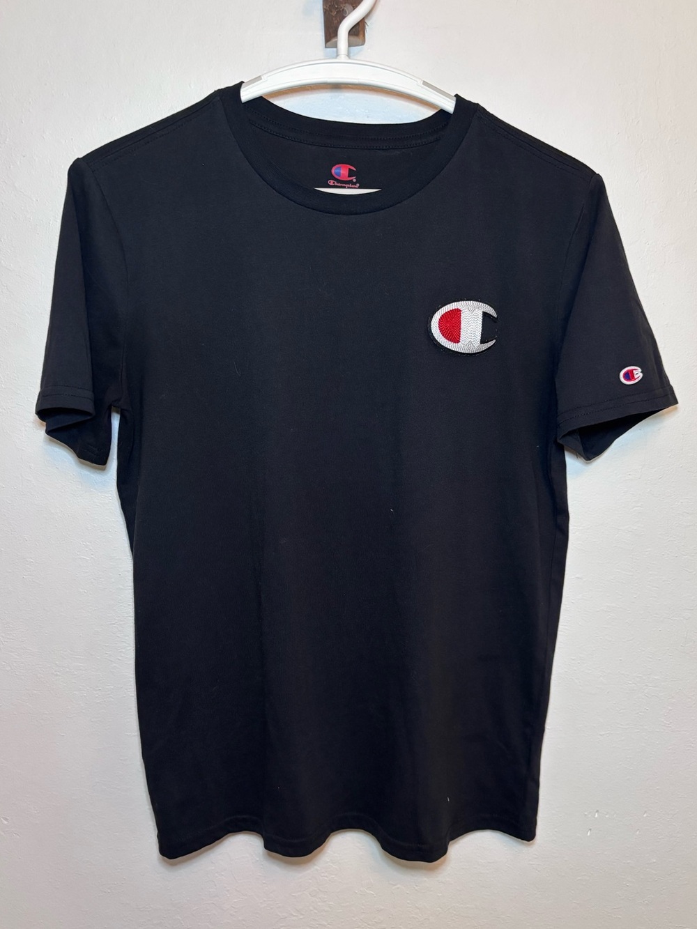Champion Black Short Sleeve Tee with Red & White Logo